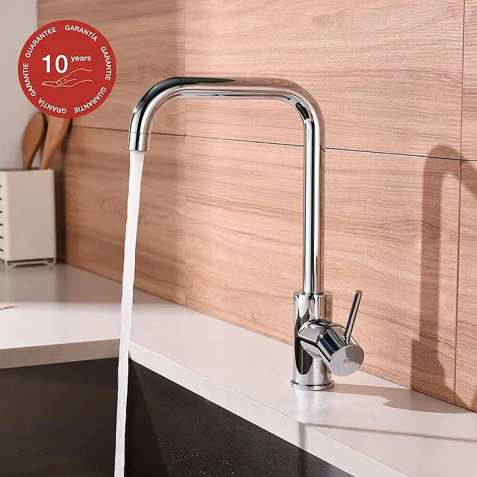 Poalgi Spültischarmatur Comfort - Verchromt, Glänzend - Verchromte Küchenarmatur mit eckigem Auslauf und Einhebelmischer, spendet aktiv Wasser in moderner Küche.