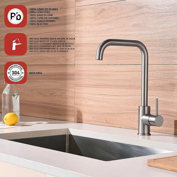 Poalgi Spültischarmatur Comfort - Nickel, Seidenmatt - Moderner Spültischmischer aus gebürstetem Edelstahl mit hohem Auslauf über Spüle. Bleifreier 304er Edelstahl.