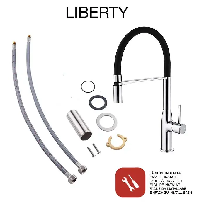 Poalgi Spültischarmatur Liberty - Verchromt, Glänzend - Chrom Küchenarmatur mit schwarzem flexiblem Auslauf, Schläuchen und Installationszubehör.