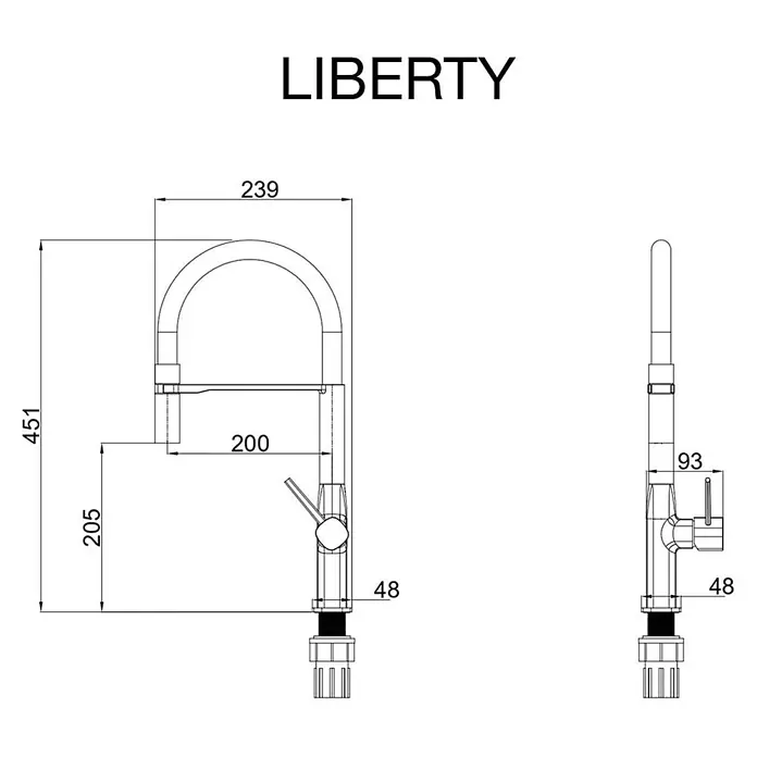 Poalgi Spültischarmatur Liberty - Verchromt, Glänzend - Maßgezeichnete technische Zeichnung einer Küchenarmatur aus Metall mit hohem Bogenauslauf und seitlichem Hebel.