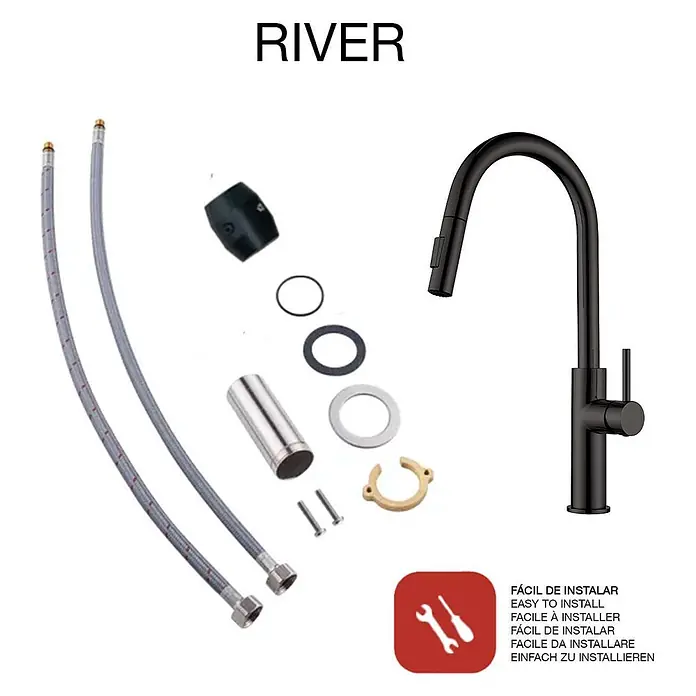 Poalgi Spültischarmatur River - Kristallschwarz, Glänzend - Mattschwarzer Küchenarmatur mit herausziehbarer Brause und Installationssatz mit Schläuchen und Montageteilen.