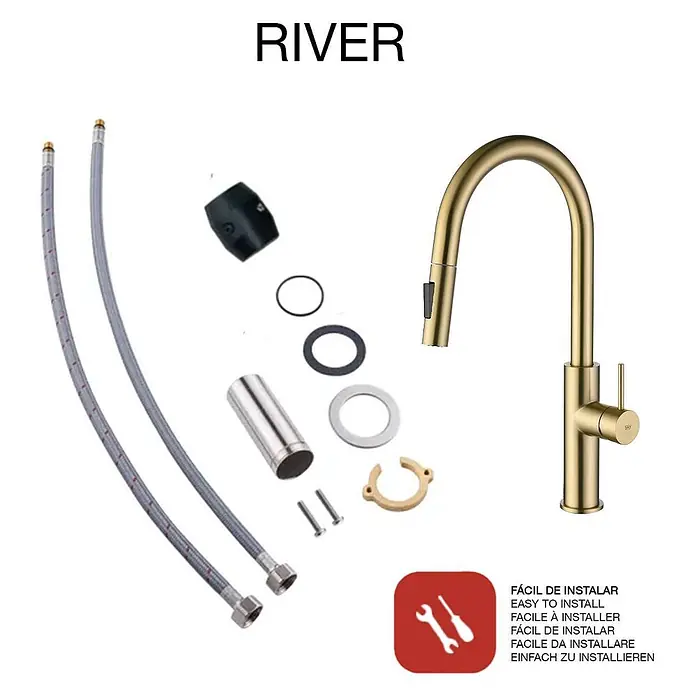 Poalgi Spültischarmatur River - Goldfarben, Seidenmatt - Goldene Küchenarmatur mit herausziehbarer Brause und Installationszubehör.