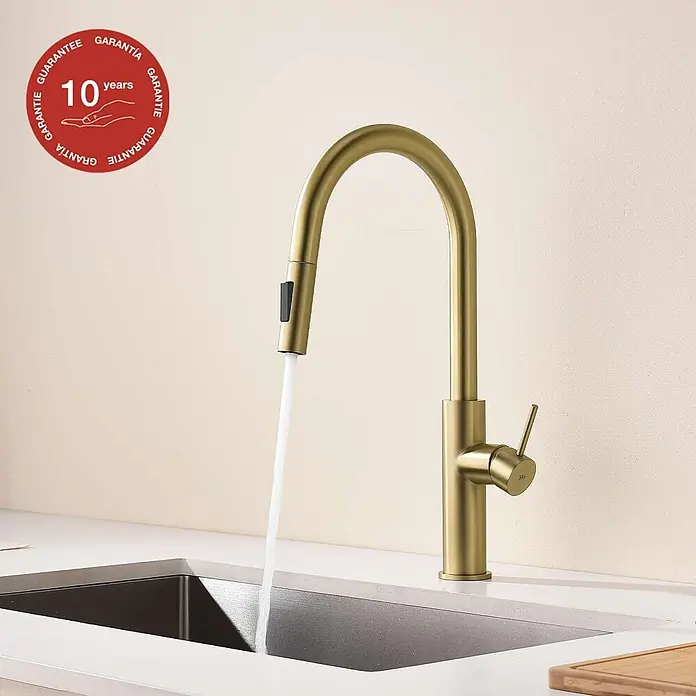 Poalgi Spültischarmatur River - Goldfarben, Seidenmatt - Mattgoldene Küchenarmatur mit Ausziehbrause, die Wasser in ein Spülbecken leitet.