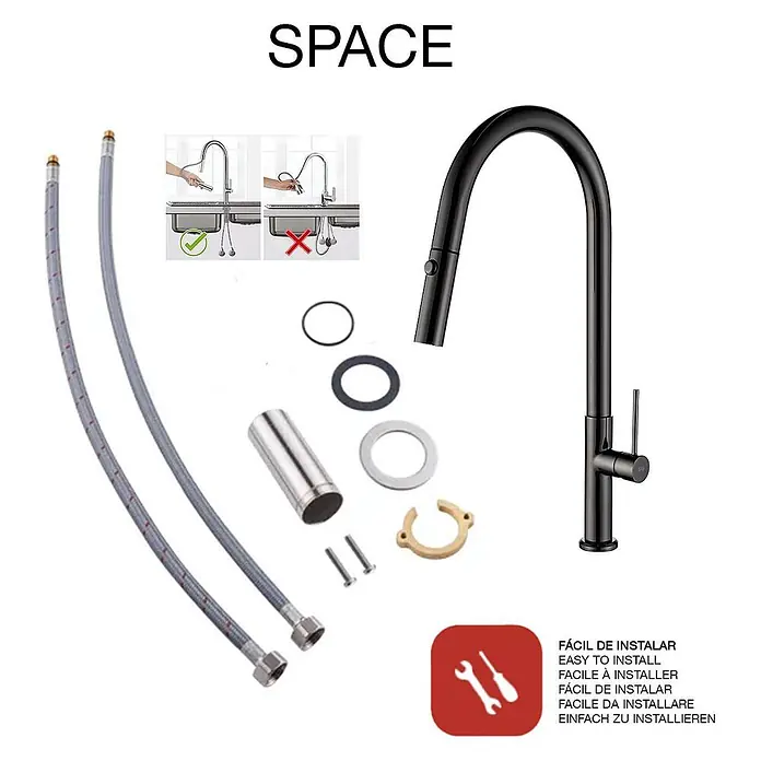 Poalgi Spültischarmatur Space - Kristallschwarz, Glänzend - Schwarze Küchenarmatur und Installationssatz mit Schläuchen, Dichtungen und Montageteilen.