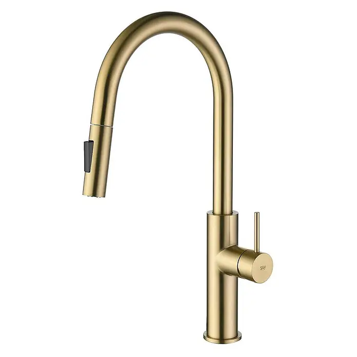 Poalgi Spültischarmatur River - Goldfarben, Seidenmatt - Gebürstete goldene Küchenarmatur mit herausziehbarem Brausekopf und Einhebelgriff.