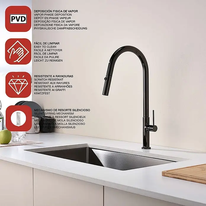 Poalgi Spültischarmatur Space - Kristallschwarz, Glänzend - Schwarze Küchenarmatur mit Ausziehbrause über einem modernen Spülbecken.