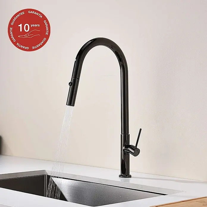 Poalgi Spültischarmatur Space - Kristallschwarz, Glänzend - Schwarze Küchenarmatur mit herausziehbarem Brausekopf, die Wasser in ein Spülbecken abgibt.
