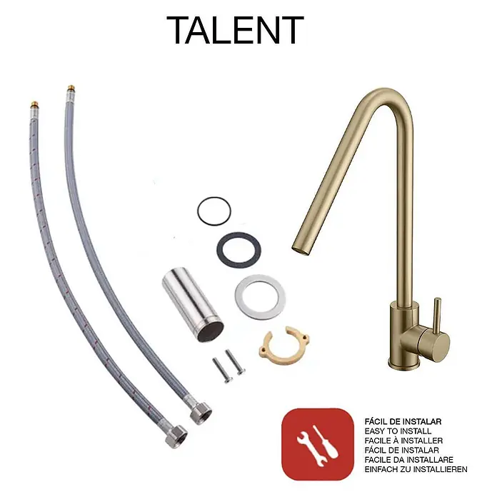 Poalgi Spültischarmatur Talent - Goldfarben, Seidenmatt - Goldfarbener Küchenhahn mit flexiblen Schläuchen und allen Montageteilen für einfache Installation.