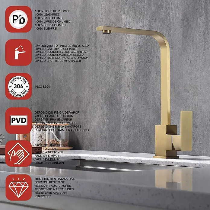 Poalgi Spültischarmatur Cross - Goldfarben, Seidenmatt - Ein PVD-goldfarbener Edelstahl-Küchenhahn in modernem, eckigem Design.