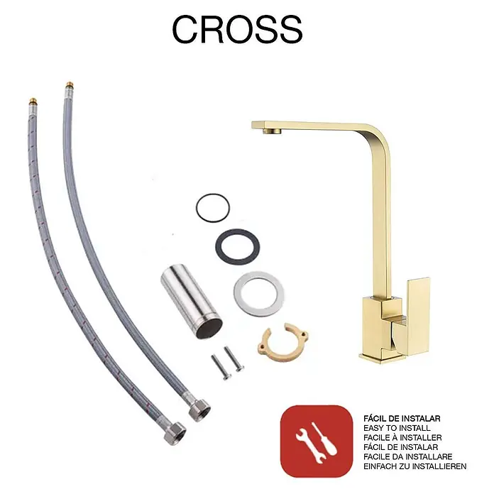 Poalgi Spültischarmatur Cross - Goldfarben, Seidenmatt - Goldfarbene Einhebelarmatur mit Installationsset.