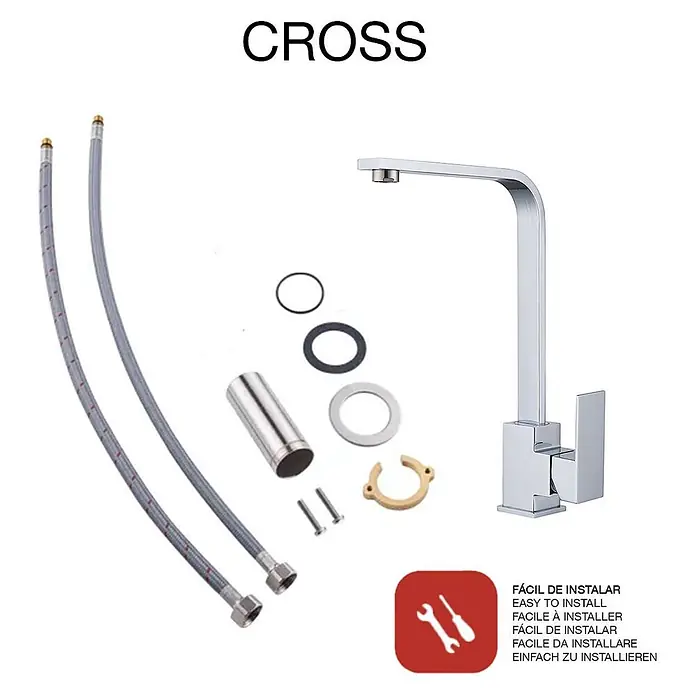Poalgi Spültischarmatur Cross - Verchromt, Glänzend - Chromfarbene Küchenarmatur mit eckigem Design, zwei Anschlussschläuchen und Montagezubehör.