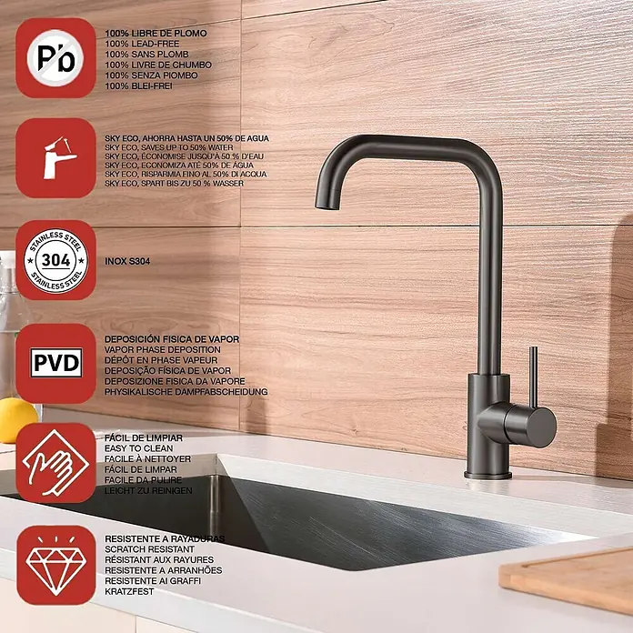 Poalgi Spültischarmatur Comfort - Gun Metal, Seidenmatt - Moderne mattschwarze Einhebel-Küchenarmatur in elegantem Design, installiert auf einer Arbeitsplatte.