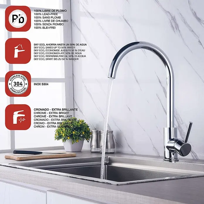 Poalgi Spültischarmatur Origin - Verchromt, Glänzend - Glänzender Chrom-Küchenarmatur mit hohem Bogen, bleifrei, wassersparend und aus Edelstahl 304 in einer modernen Spüle.
