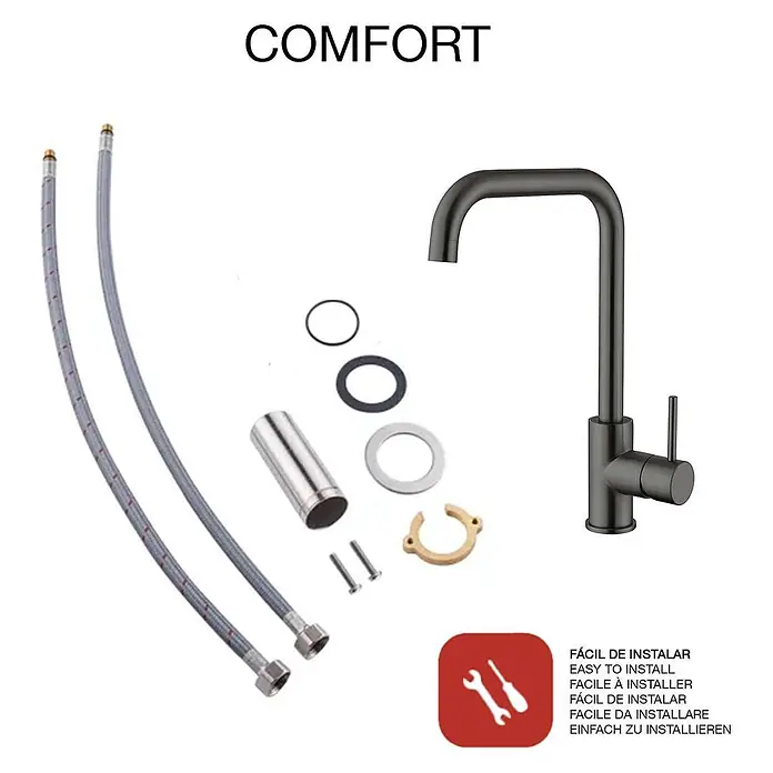 Poalgi Spültischarmatur Comfort - Gun Metal, Seidenmatt - Mattschwarzer Küchenhahn mit flexiblen Schläuchen, Dichtungen und Montagematerial für einfache Installation.