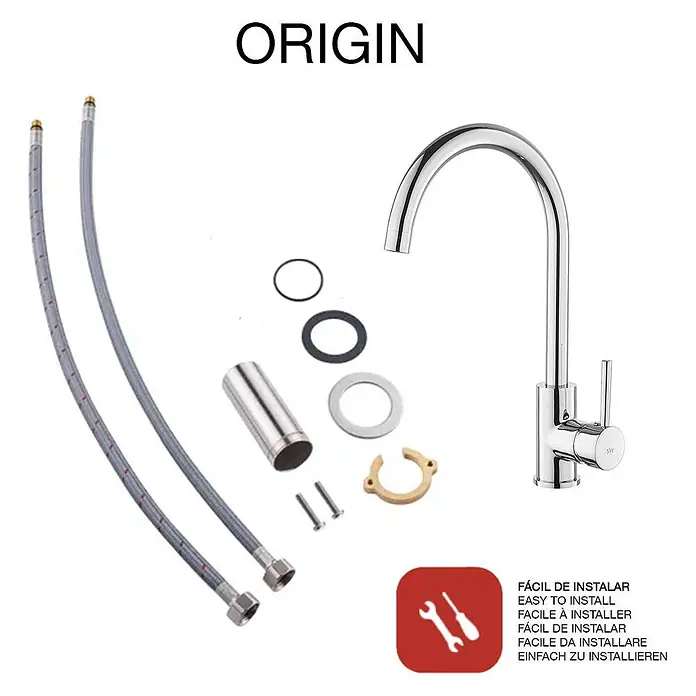 Poalgi Spültischarmatur Origin - Verchromt, Glänzend - Verchromter Küchenarmatur mit flexiblen Schläuchen und Montageteilen zur einfachen Installation.