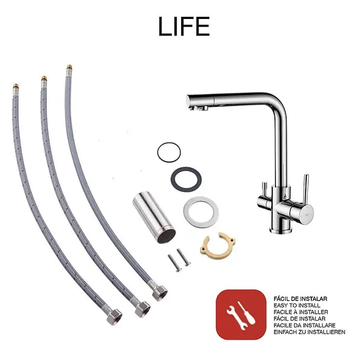 Poalgi Spültischarmatur Life - Verchromt, Glänzend - Chrom-Küchenarmatur mit U-Auslauf, zwei Griffen und allen notwendigen Installationskomponenten wie flexiblen Schläuchen und Montagematerial.