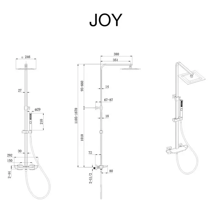 Poalgi Duschsystem Joy - Anzahl Strahlarten: 3 Stk., Verchromt - Duschsystem aus Metall mit Kopfbrause, Handbrause und Thermostatmischer, inklusive Maßen.