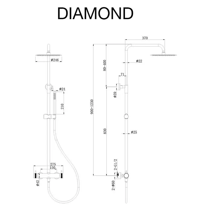 Poalgi Duschsystem Diamond - Anzahl Strahlarten: 1 Stk., Gold - Technische Zeichnung eines Brausesystems mit Kopfbrause, Handbrause und Mischer, mit detaillierten Maßen.