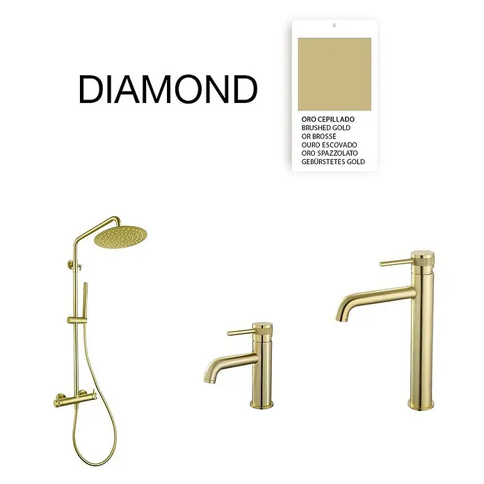 Poalgi Waschtischarmatur Diamond - Gebürstetes Gold, Seidenmatt - Diamond Serie gebürstetes Gold Duschsystem und zwei passende Armaturen.