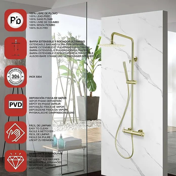 Poalgi Duschsystem Diamond - Anzahl Strahlarten: 1 Stk., Gold - Goldfarbenes Duschsystem mit runder Kopfbrause und Handbrause an einer Marmorwand.