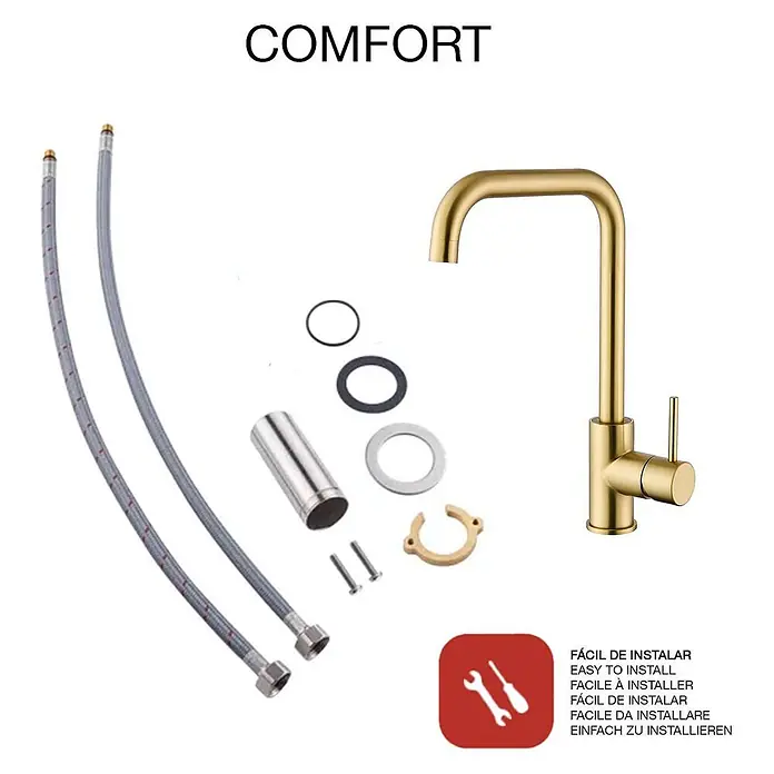 Poalgi Spültischarmatur Comfort - Goldfarben, Seidenmatt - Goldener Küchenhahn mit Installationsteilen und flexiblen Schläuchen zur einfachen Montage.