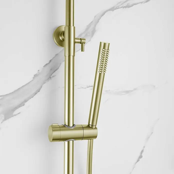 Poalgi Duschsystem Diamond - Anzahl Strahlarten: 1 Stk., Gold - Mattgoldenes Duschsystem mit eleganter Handbrause an einer vertikalen Gleitstange.