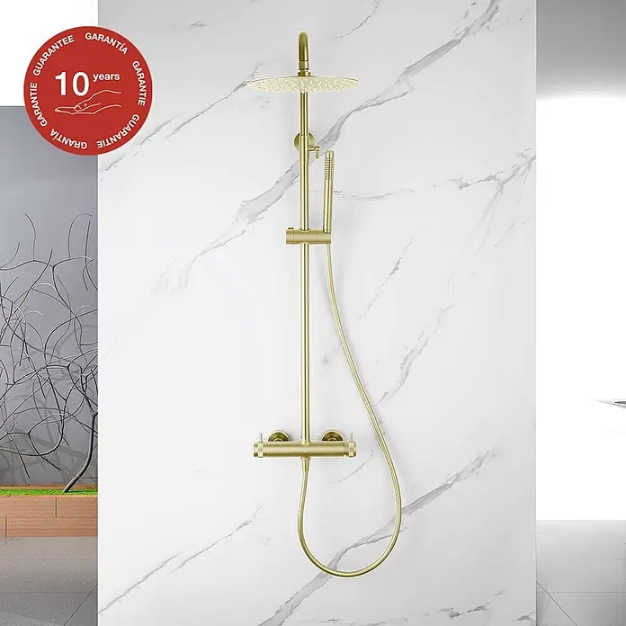 Poalgi Duschsystem Diamond - Anzahl Strahlarten: 1 Stk., Gold - Gebürstetes goldenes Thermostat-Duschsystem mit Kopfbrause, Handbrause und 10 Jahre Garantie-Siegel.