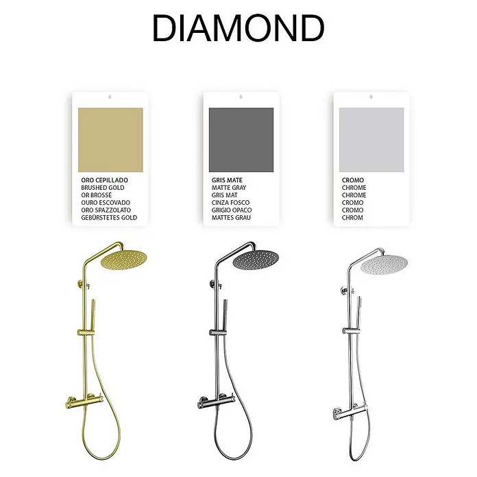 Poalgi Duschsystem Diamond - Anzahl Strahlarten: 1 Stk., Gold - Drei Duschsets in gebürstetem Gold, Mattgrau und Chrom-Oberflächen mit passenden Farbmustern.