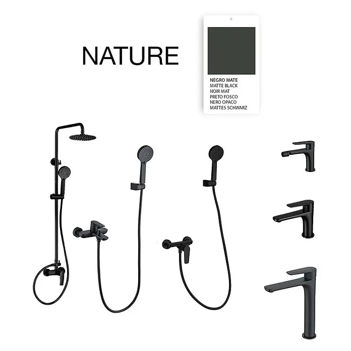 Poalgi Waschtischarmatur Nature - Mattschwarz, Matt - Sortiment matter schwarzer Badarmaturen: Duschsysteme, Handbrausen und verschiedene Wasserhähne.