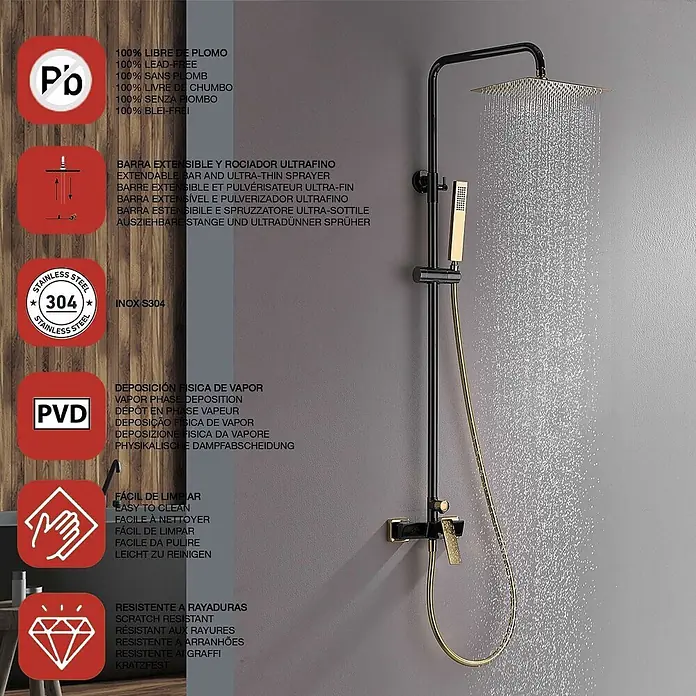 Poalgi Duschsystem Infinite - Anzahl Strahlarten: 1 Stk., Kristallschwarz und Gold - Modernes schwarz-goldenes Duschsystem mit quadratischem Regenduschkopf und Handbrause, aktiv duschend.