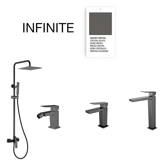Poalgi Waschtischarmatur Infinite - Schwarzer Kristall, Glänzend - Armaturenset in Kristallschwarz: Duschsystem, Bidetmischer und zwei Waschtischmischer.