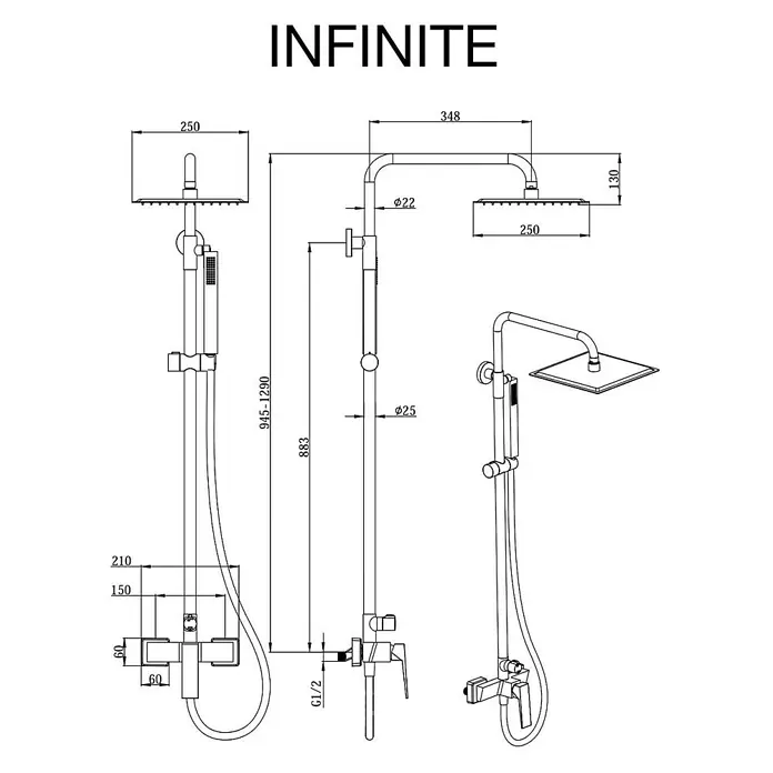 Poalgi Duschsystem Infinite - Anzahl Strahlarten: 1 Stk., Kristallschwarz und Rosa - Technische Zeichnung eines Chrom-Duschsystems mit Kopfbrause, Handbrause und Mischbatterie, inklusive Maßen.