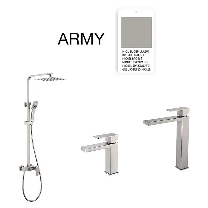 Poalgi Waschtischarmatur Army - Gebürstetes Nickel, Seidenmatt - Duschsystem und zwei passende Armaturen aus gebürstetem Nickel.