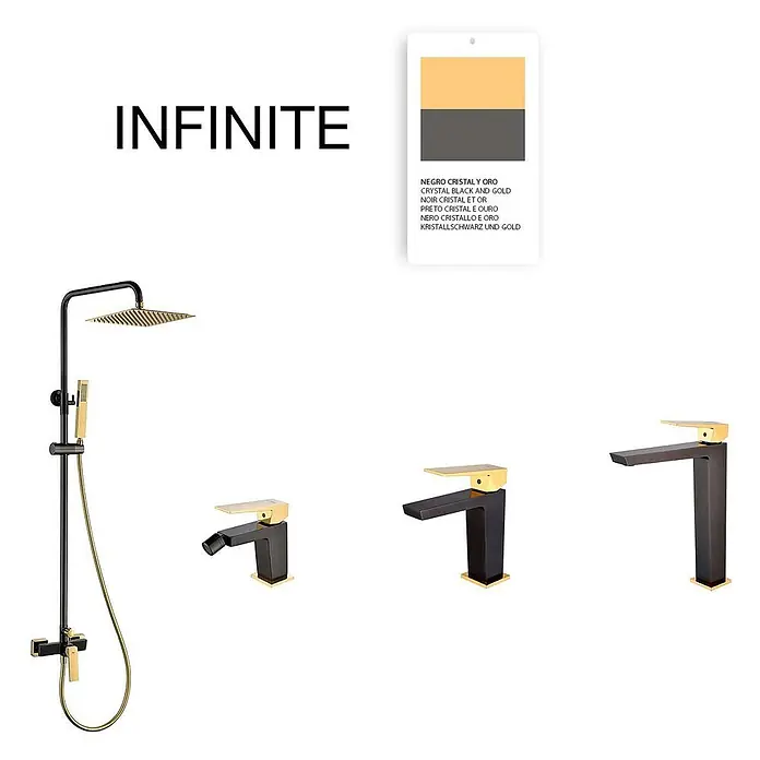 Poalgi Waschtischarmatur Infinite - Schwarzer Kristall und Gold, Glänzend - Schwarzes und goldenes Duschsystem und passende Armaturen.
