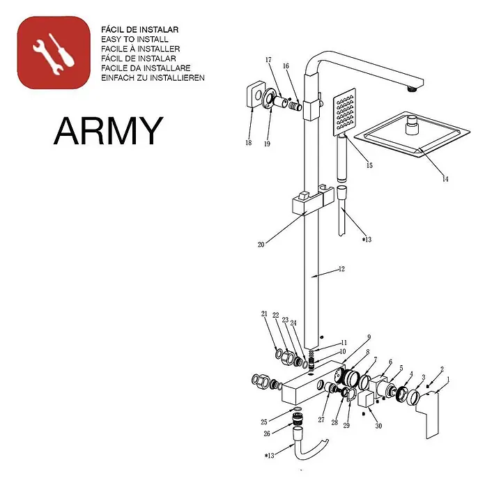 Poalgi Duschsystem Army - Anzahl Strahlarten: 1 Stk., Gold - Explosionszeichnung eines Duschsystems aus Metall, einschließlich Kopfbrause, Handbrause, Mischer und Montageteilen.