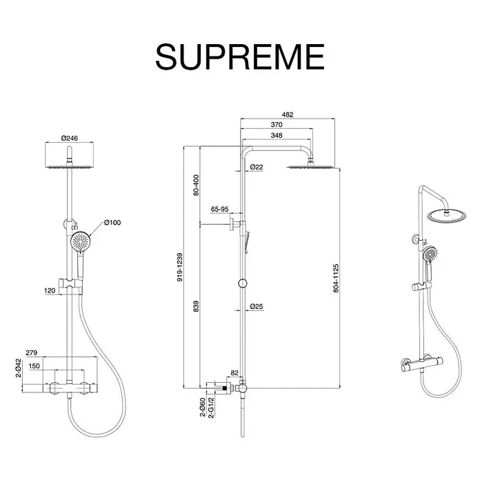 Poalgi Duschsystem Supreme - Anzahl Strahlarten: 1 Stk., Gold - Technisches Datenblatt einer Supreme Duschsäule mit Kopf- und Handbrause, inklusive Maßen.