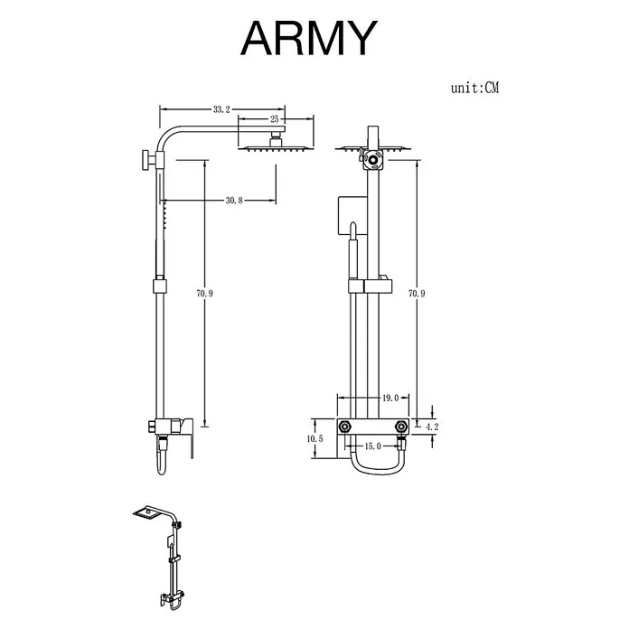 Poalgi Duschsystem Army - Anzahl Strahlarten: 1 Stk., Gold - Technische Zeichnung eines Wand-Duschsystems mit Regenbrause und Handbrause, detaillierte Maße in CM.