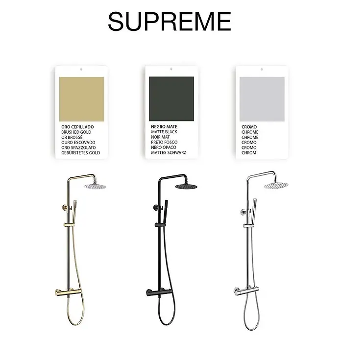 Poalgi Duschsystem Supreme - Anzahl Strahlarten: 1 Stk., Gold - Drei Duschsäulen: gebürstetes Gold, Mattschwarz und Chrom, jeweils mit Kopfbrause und Handbrause.