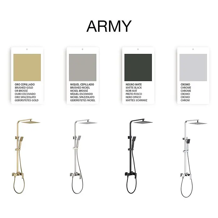 Poalgi Duschsystem Army - Anzahl Strahlarten: 1 Stk., Gold - Vier Duschsysteme: gebürstetes Gold, gebürstetes Nickel, Mattschwarz und Chrom.