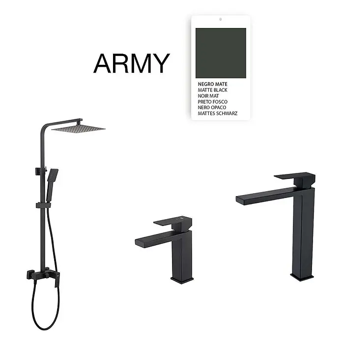 Poalgi Waschtischarmatur Army - Mattschwarz, Matt - Mattschwarzes Duschsystem mit quadratischem Regenduschkopf und Handbrause sowie zwei mattschwarze Einhebel-Waschtischarmaturen.