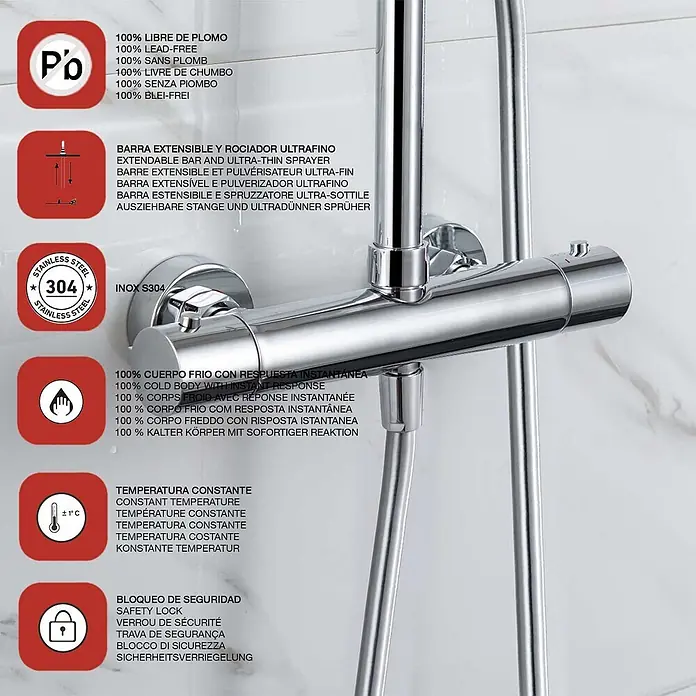 Poalgi Duschsystem Supreme - Anzahl Strahlarten: 1 Stk., Verchromt - Verchromter Thermostat-Duschmischer aus bleifreiem 304 Edelstahl, mit konstanter Temperaturregelung und Sicherheitssperre.