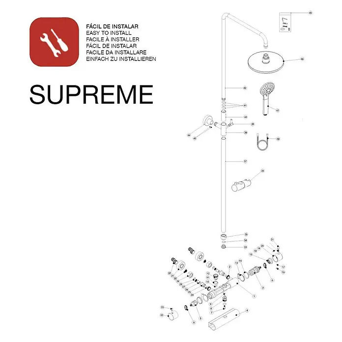Poalgi Duschsystem Supreme - Anzahl Strahlarten: 1 Stk., Gold - Explodierte Ansicht eines Duschsystems mit allen Komponenten.