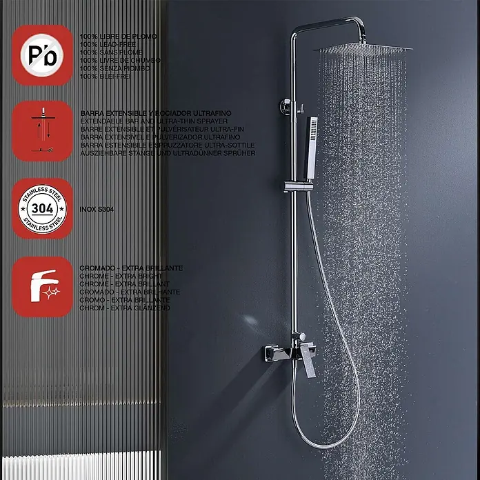 Poalgi Duschsystem Infinite - Anzahl Strahlarten: 1 Stk., Verchromt - Verchromtes Duschsystem mit ausziehbarer Stange, Regendusche und Handbrause, aus bleifreiem Edelstahl 304.