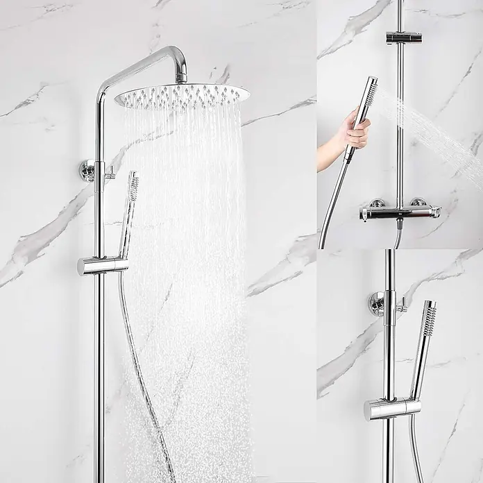 Poalgi Duschsystem Diamond - Anzahl Strahlarten: 1 Stk., Verchromt - Verchromtes Duschsystem mit großer Regenbrause und Handbrause, zeigt Wasserfluss und verstellbare Höhe.