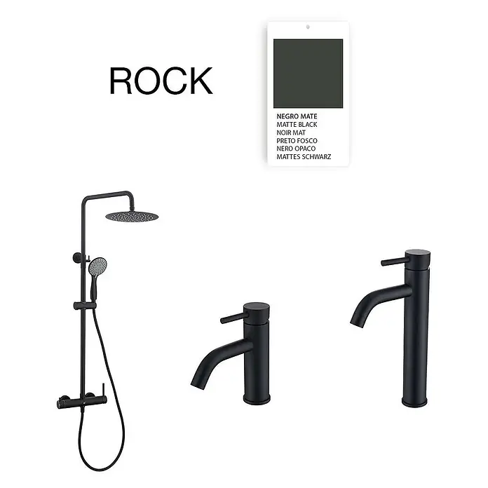 Poalgi Waschtischarmatur Rock - Mattschwarz, Matt - Mattschwarze Badarmaturen: eine Duschsäule und zwei Wasserhähne.