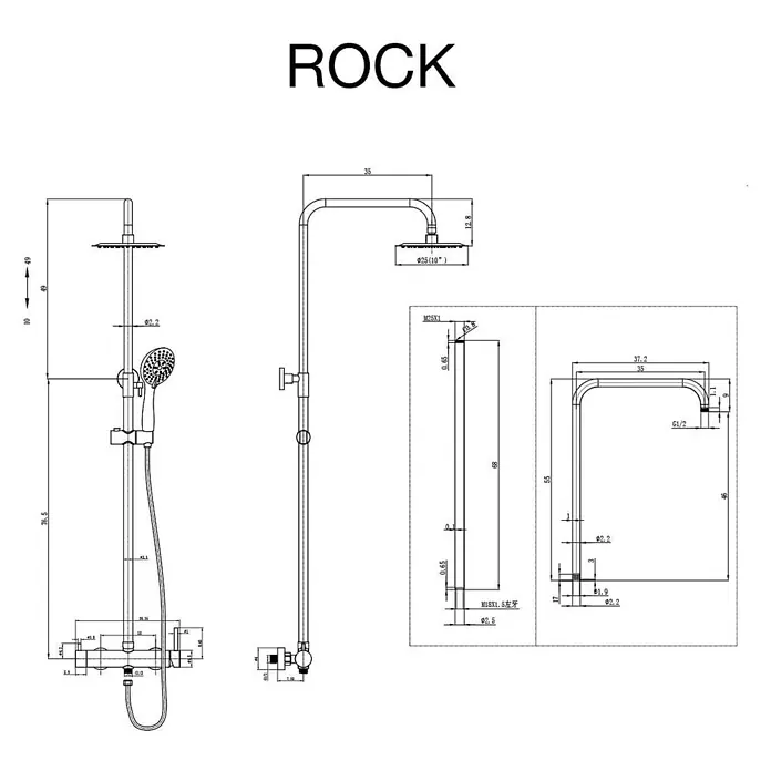 Poalgi Duschsystem Rock - Anzahl Strahlarten: 3 Stk., Mattschwarz - Technische Zeichnung einer Duschsäule mit Kopf- und Handbrause, inklusive Maßen.