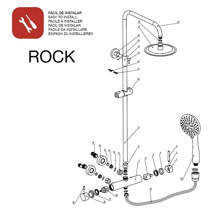 Poalgi Duschsystem Rock - Anzahl Strahlarten: 3 Stk., Mattschwarz - Explosionszeichnung eines Duschsystems mit Kopfbrause und Handbrause, zeigt Installationskomponenten.