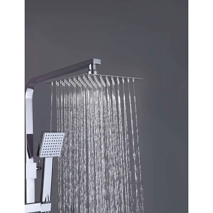 Poalgi Duschsystem Paradise - Anzahl Strahlarten: 1 Stk., Verchromt - Modernes Chrom-Duschsystem mit großem quadratischem Regenduschkopf und kleinerem Handduschkopf, beide sprühen Wasser.