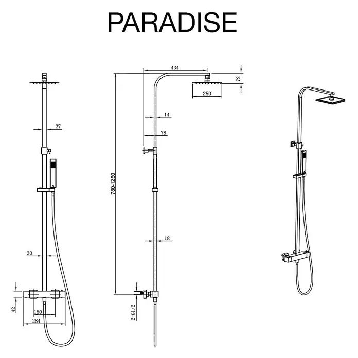 Poalgi Duschsystem Paradise - Anzahl Strahlarten: 1 Stk., Mattschwarz - Technische Zeichnung eines „PARADISE“ Duschsystems mit verstellbarer Stange, quadratischer Kopfbrause, Handbrause und Mischbatterie, mit Maßen.