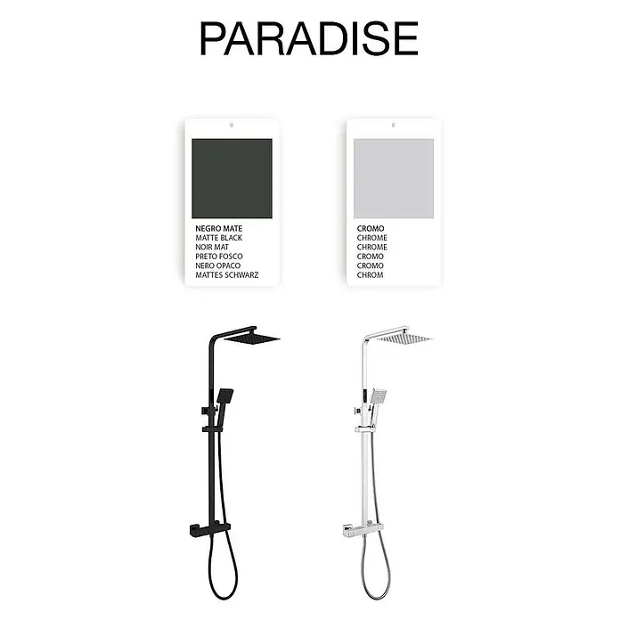 Poalgi Duschsystem Paradise - Anzahl Strahlarten: 1 Stk., Mattschwarz - Zwei quadratische Duschsysteme, eines in Mattschwarz und eines in poliertem Chrom, jeweils mit Kopf- und Handbrause.